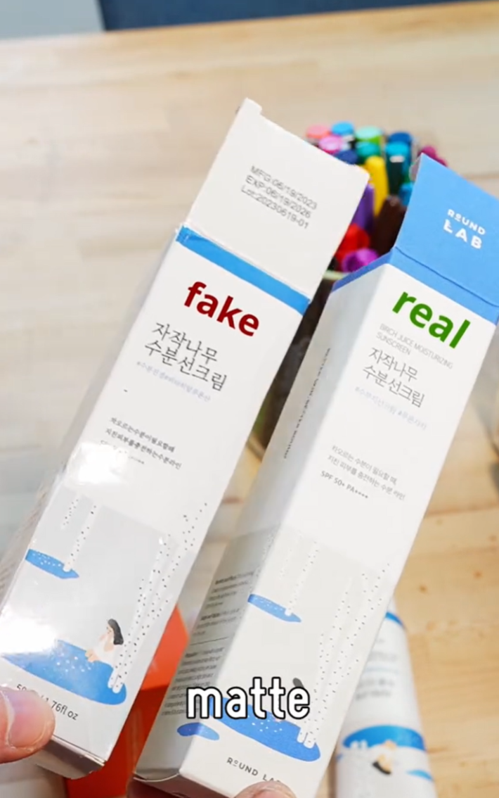 TikTok video showing a real UV sunscreen product compared to an Amazon fake.