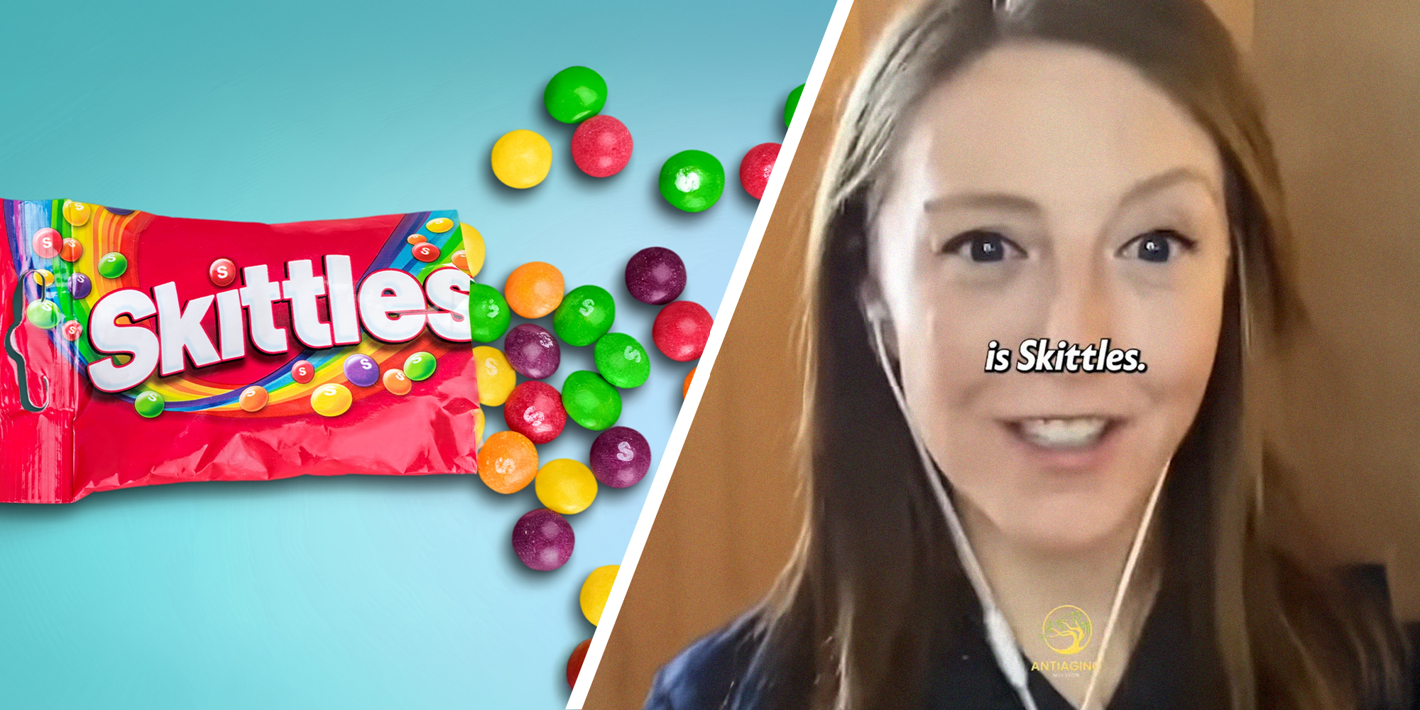 Skittles with candy pouring out(l) Woman shares why skittles is the worst food(r)