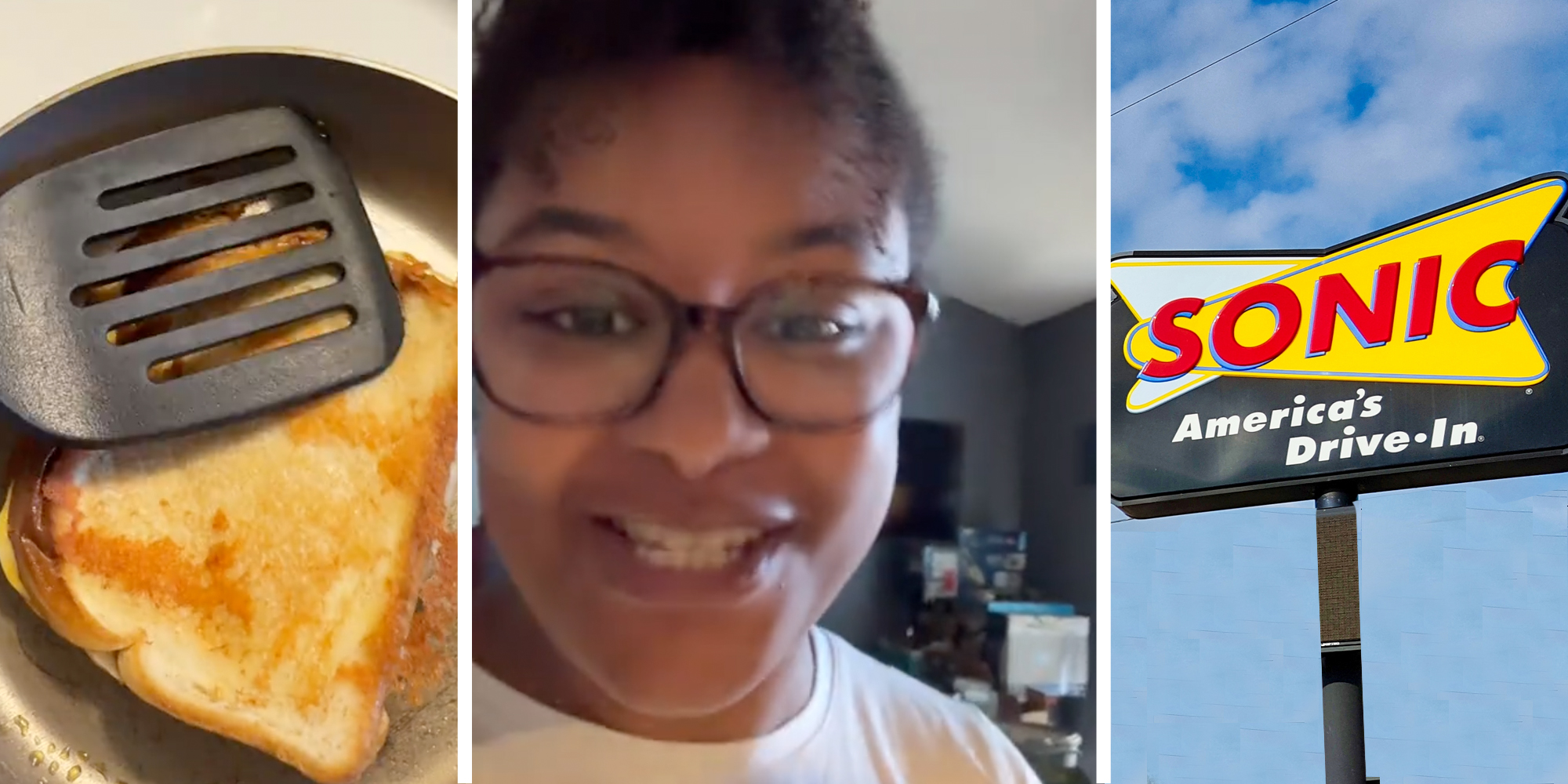 Grilled Cheese(l), Woman talking(c), Sonic sign(r)