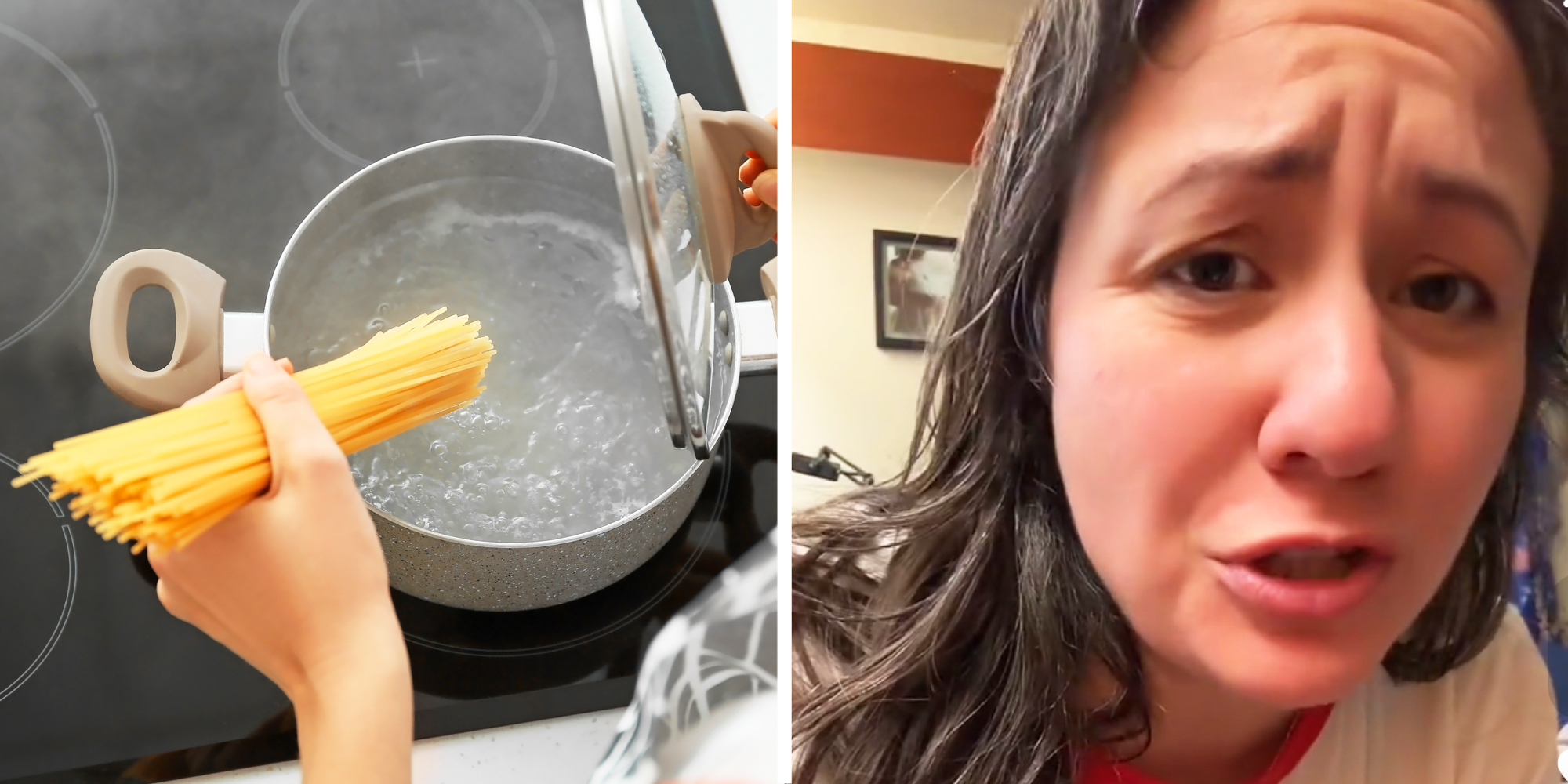 2 panel image: on the left a person adds spaghetti noodles to a boiling pot of water and on the right a person explains.