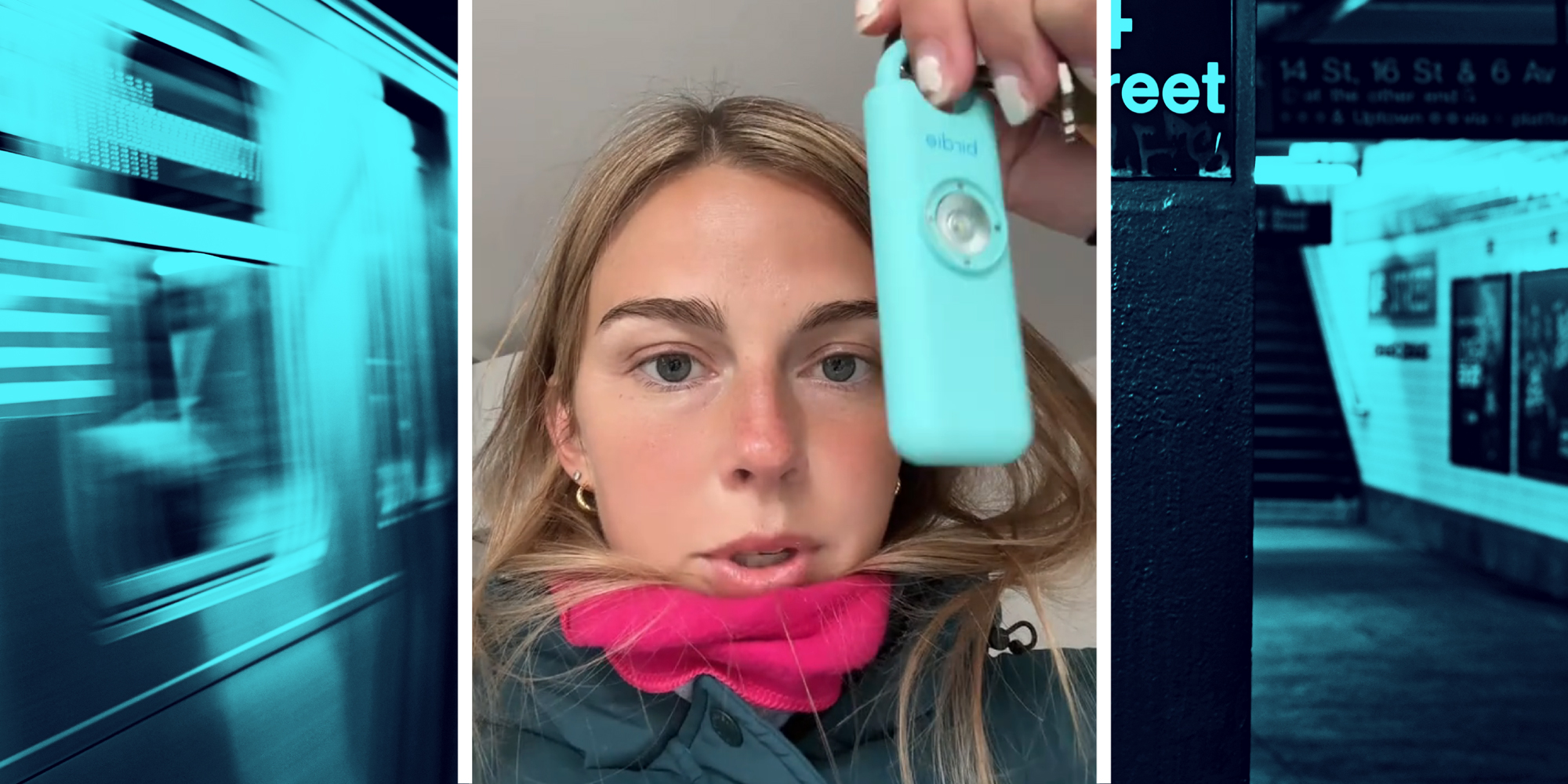 3 panel image of a woman holding up an electronic device in the middle and an empty subway station on the sides.