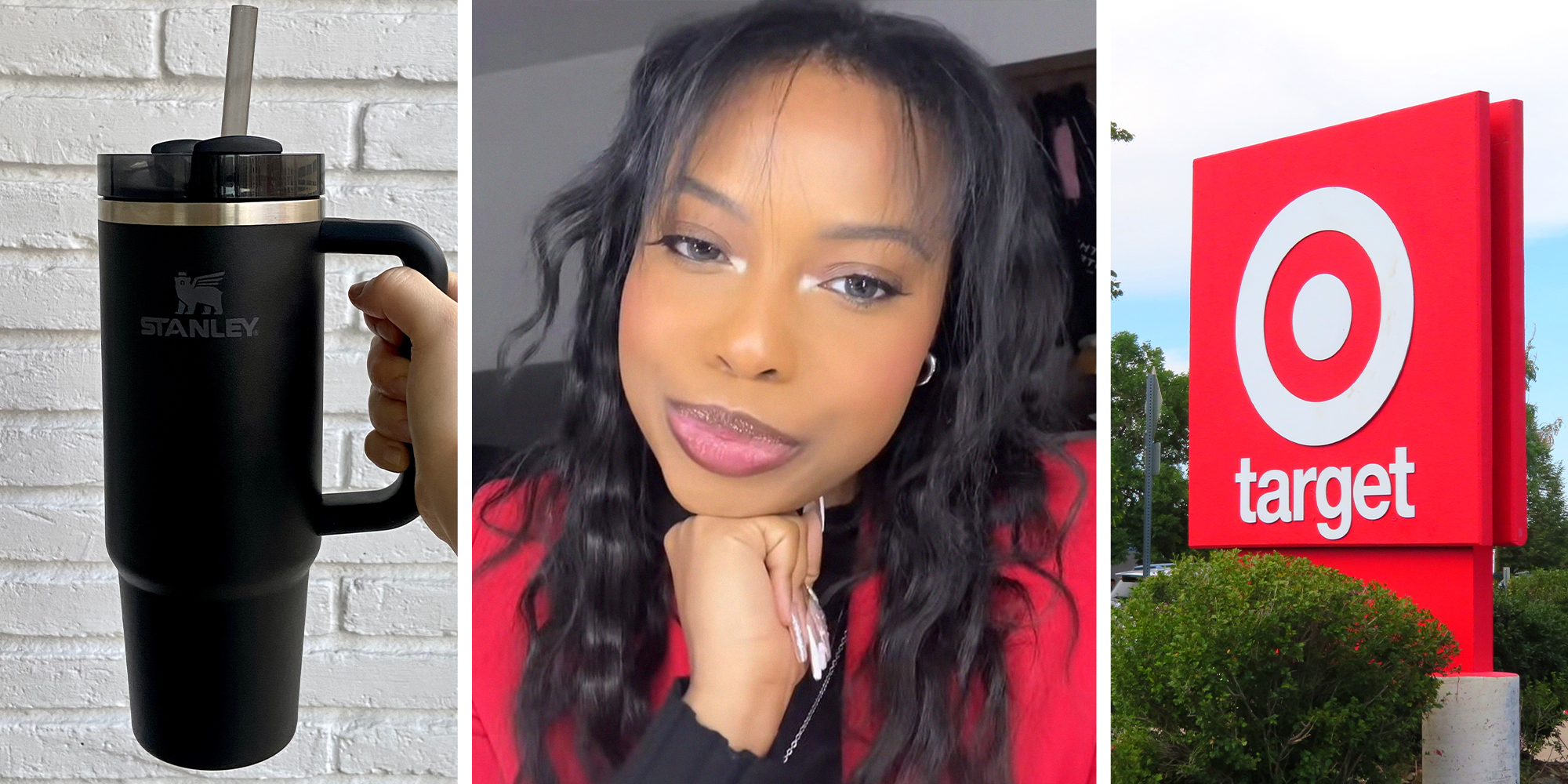 Person holding Stanley Cup(l) Woman shares what she saw at target store(c) Target Store Sign(r)
