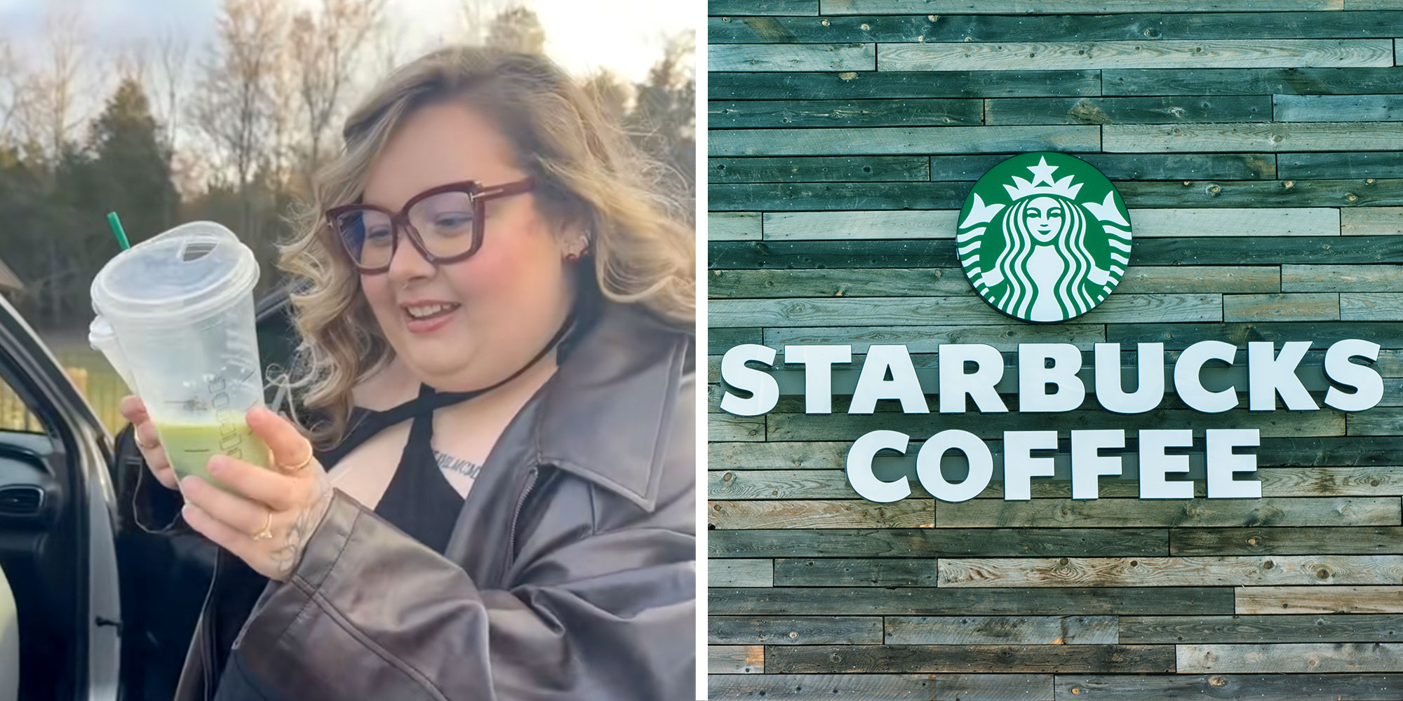 Screenshot from @brenlee.spamzzz's Tiktok of a woman holding a half empty cup of iced matcha; A sign for Starbucks Coffee.