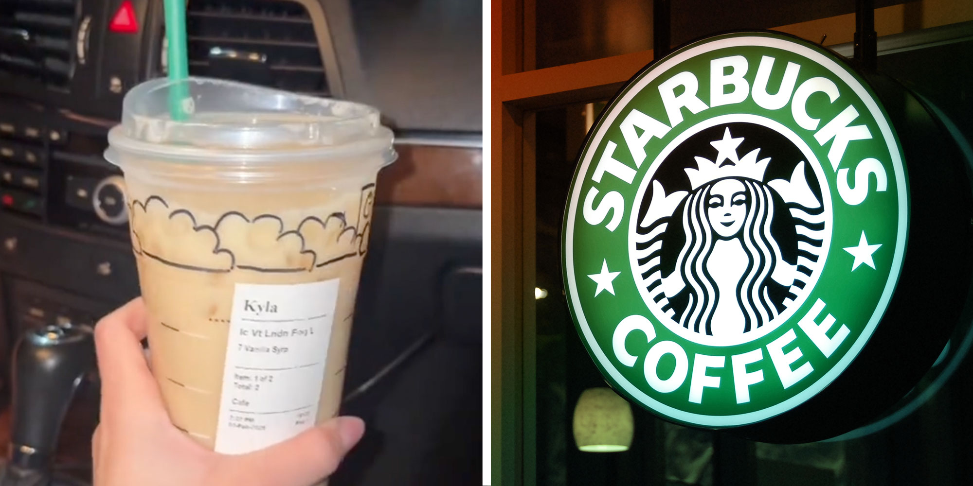 Screenshot of Tiktok user @dailydoseof__ky's Iced London Fog; A photo of a Starbucks sign at night.