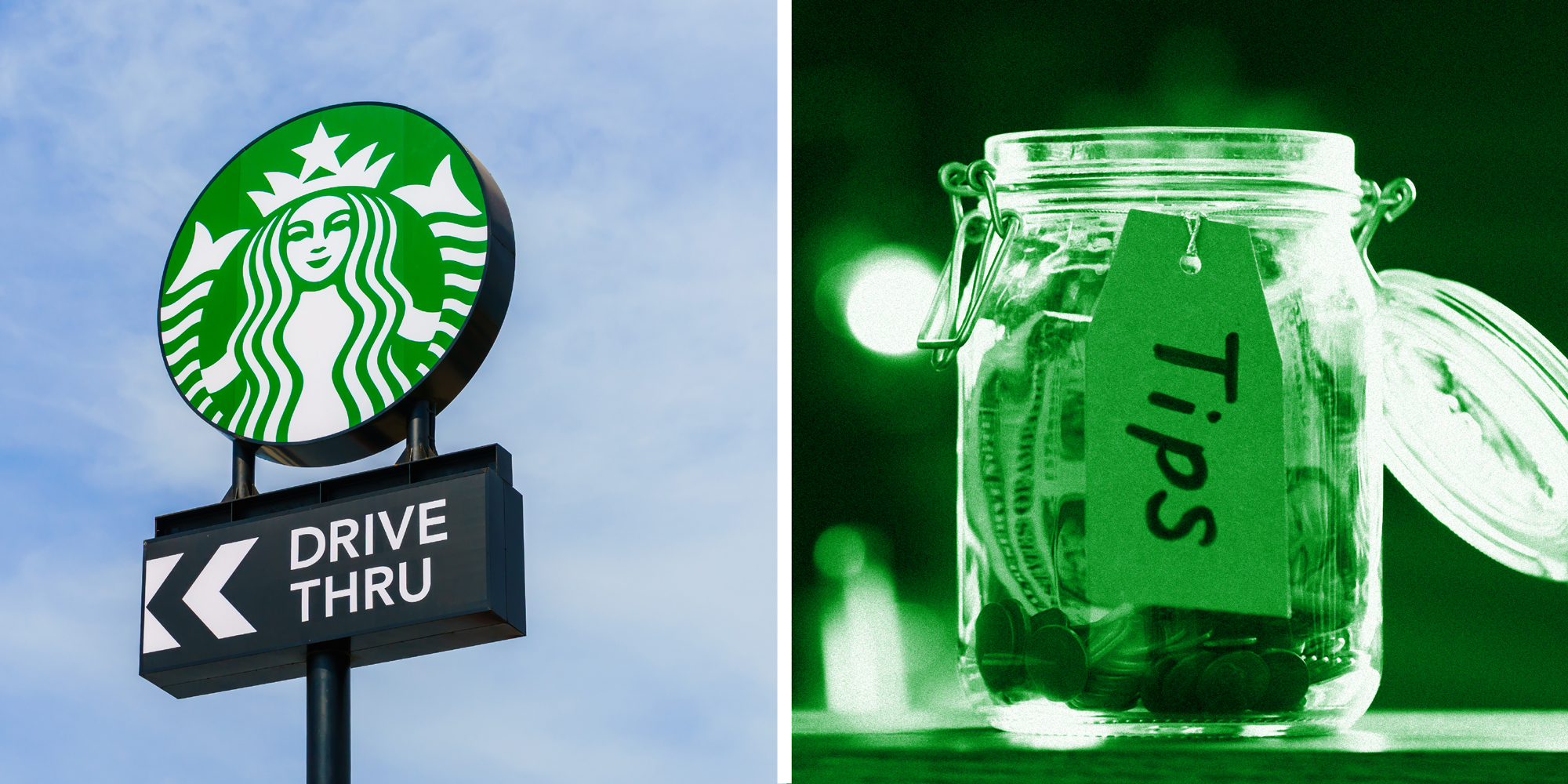 2 panel image: on the left is the Starbucks drive thru sign and on the right is a tip jar.