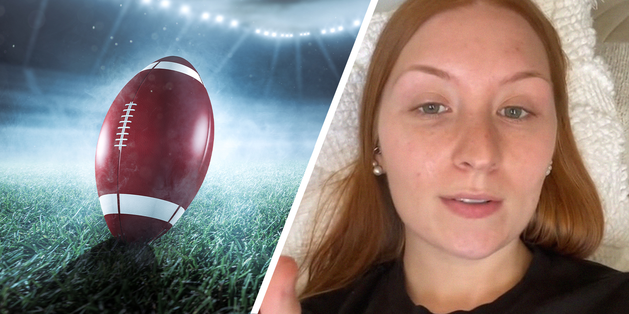 Football on field(l) Woman shares changes happening at super bowl(r)