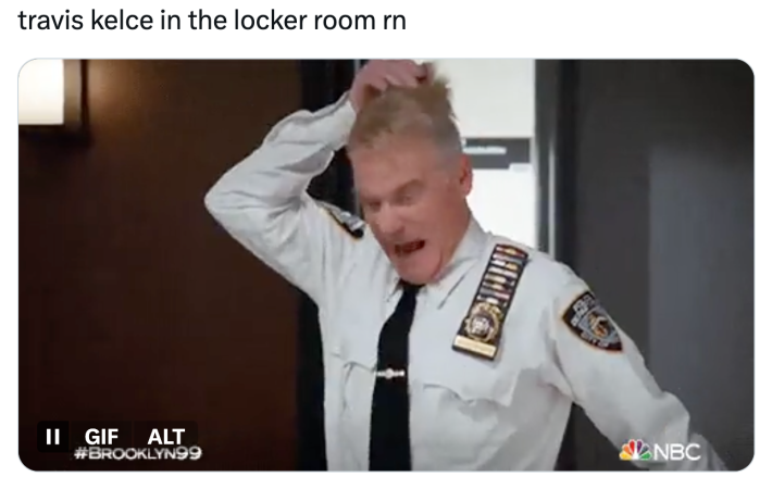Super bowl meme, text reads, "travis kelce in the locker room rn" with a clip of a cop ripping off his toupée.