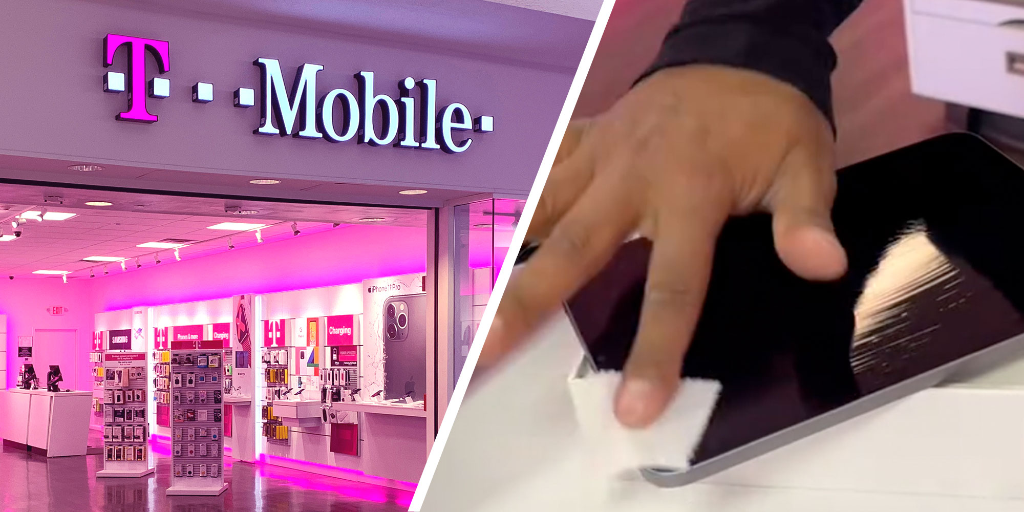 Photo of a T-Mobile store exterior; Screenshot from @sste.ph's Tiktok of a T-Mobile employee cleaning an IPad screen.