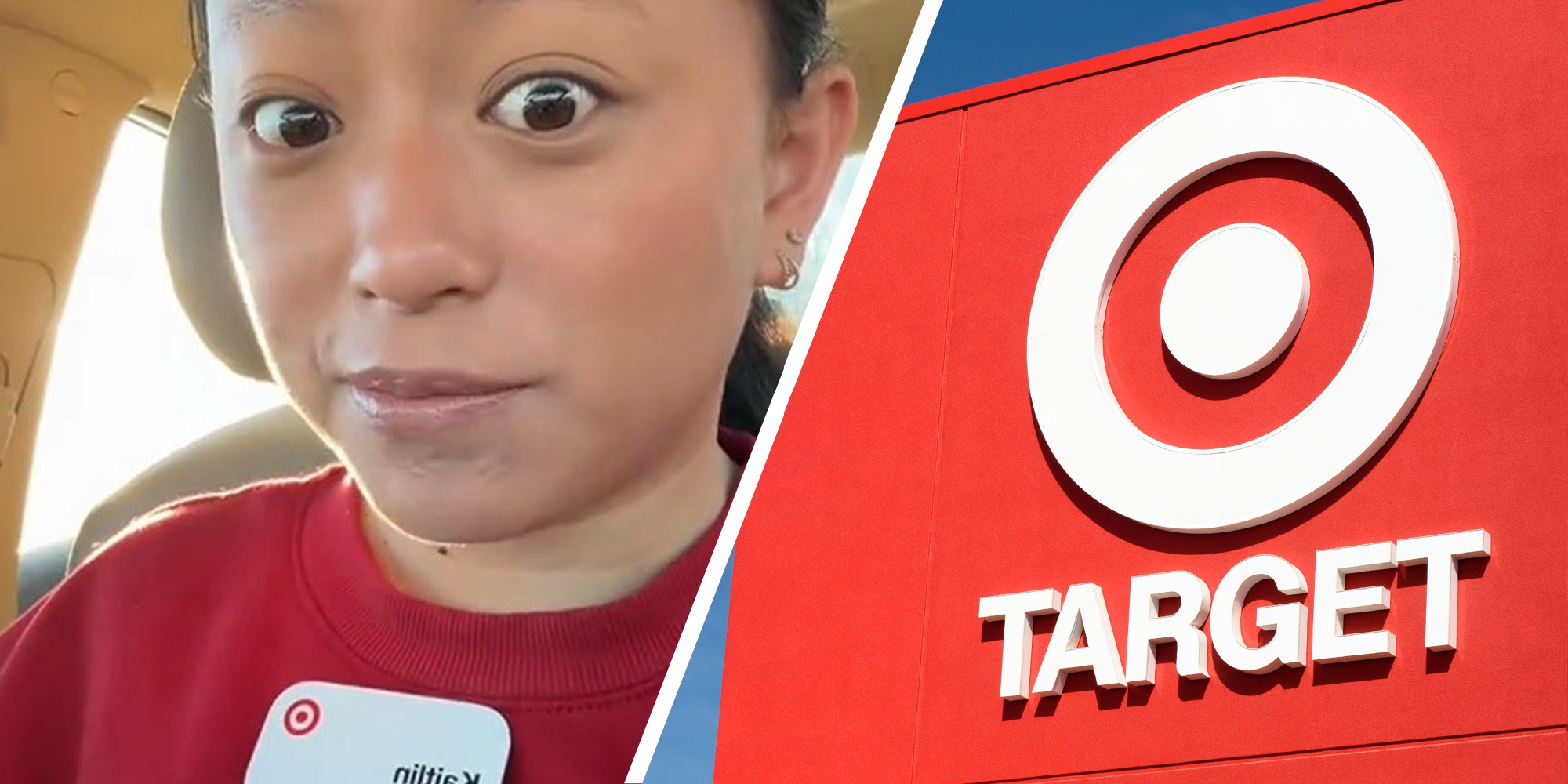 woman shares information that Target no longer accepts checks(l) Target store sign(r)
