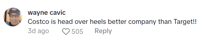 Target TikTok ratioed, comment reads, "Costco is head over heels better company than Target!!"