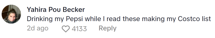 Target TikTok ratioed, comment reads, "Drinking my Pepsi while I read these making my Costco list"