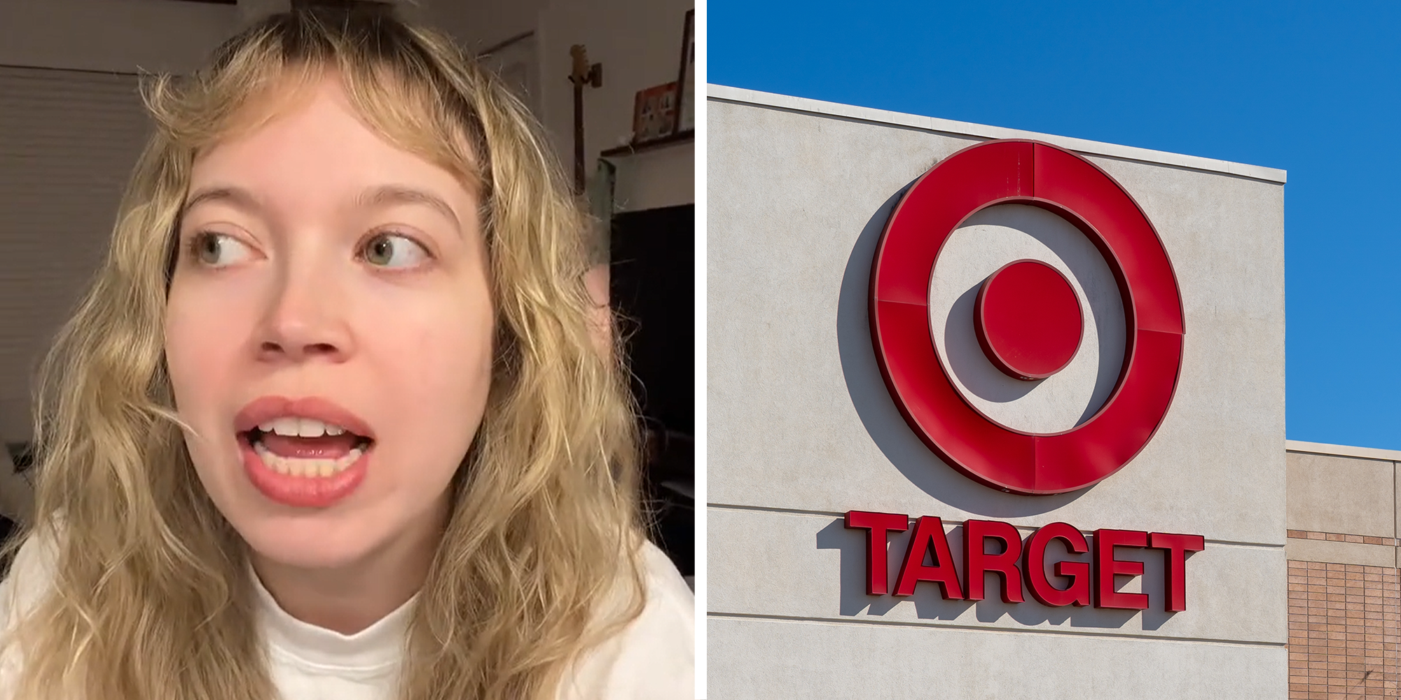 Woman on left looking to the side. Target logo storefront on the right.
