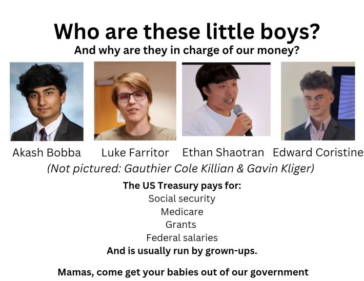 Tariff meme, text reads, "Who are these little boys? And why are they in charge of our money?" with details and photos about each of four young men who look like they are freshmen in college.