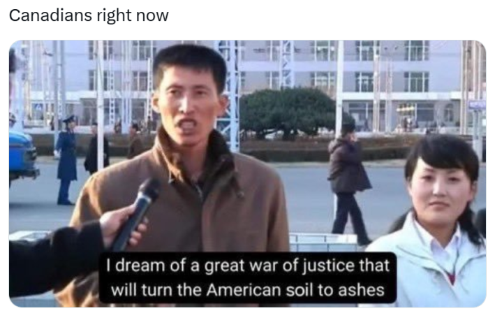 Tariff meme, text reads, "Canadians right now" with a man on the street being interviewed saying, "I dream of a great war of justice that will turn the American soil to ashes."