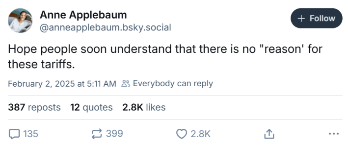 Tariff meme, text reads, "Hope people soon understand that there is no 'reason' for these tariffs."