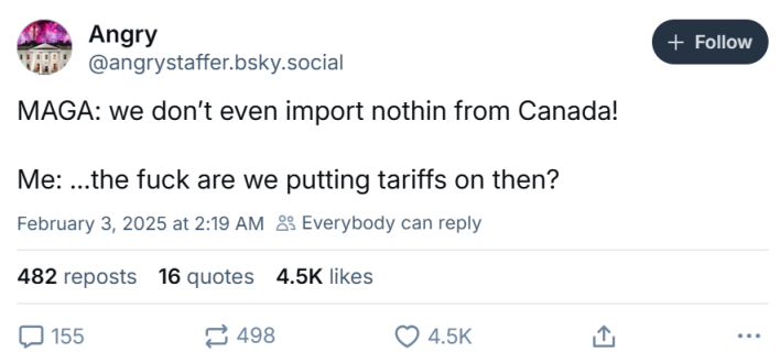 Tariff meme, text reads, "MAGA: we don’t even import nothin from Canada! Me: …the f*ck are we putting tariffs on then?"