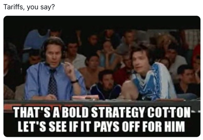 Tariff meme, text reads, "Tariffs, you say? with a screenshot of a sports movie with text that says, "That's a bold strategy Cotton, let's see if it pays off for him."