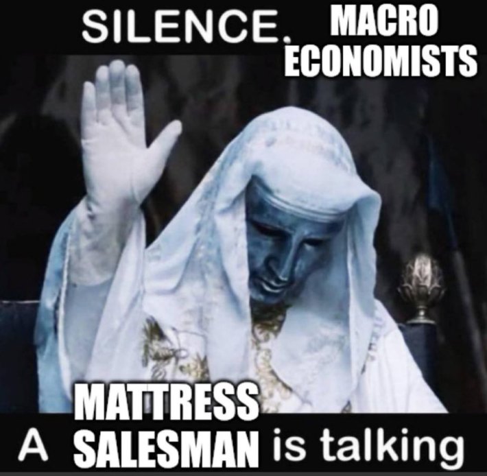 Tariff meme, text reads, "Silence, macro economists, a mattress salesman is talking."