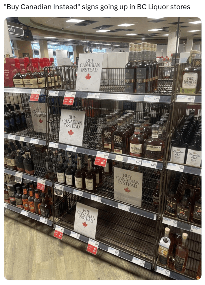Tariff meme, text reads, "'Buy Canadian Instead' signs going up in BC Liquor stores" with a photo of the store.