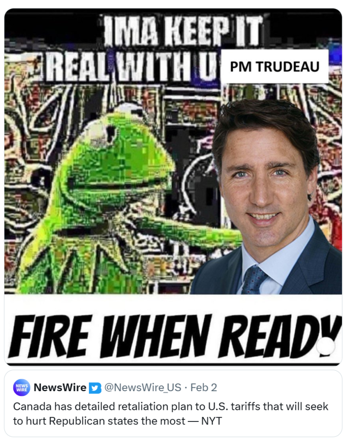Tariff meme of a pixelated Kermit the Frog with his arm around Justin Trudeau, text reads, "Ima keep it real with u PM Trudeau, FIRE WHEN READY."