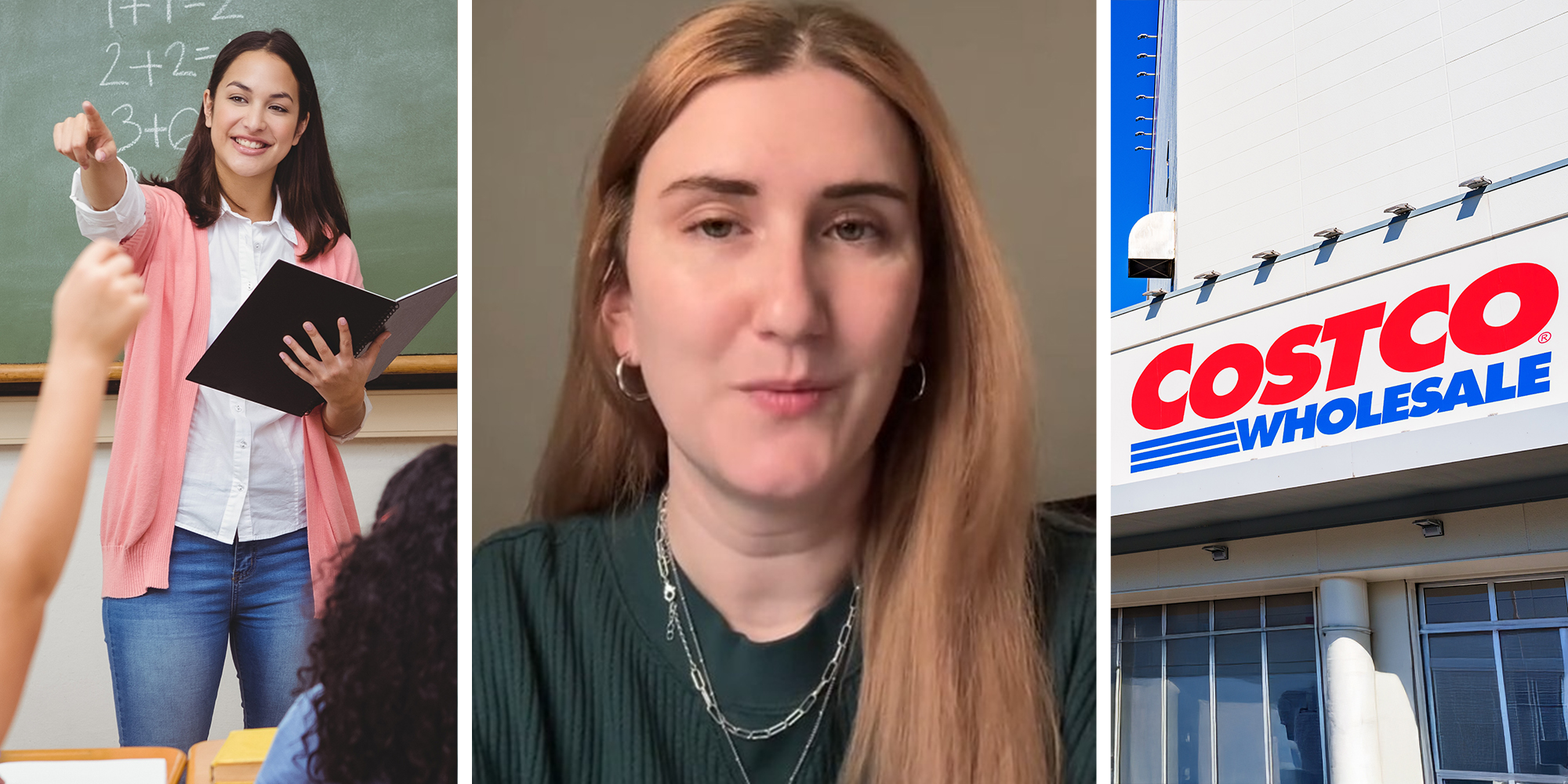 Woman teaching children(l) Woman compares teaching and working at costco(c) Costco Store Front(r)