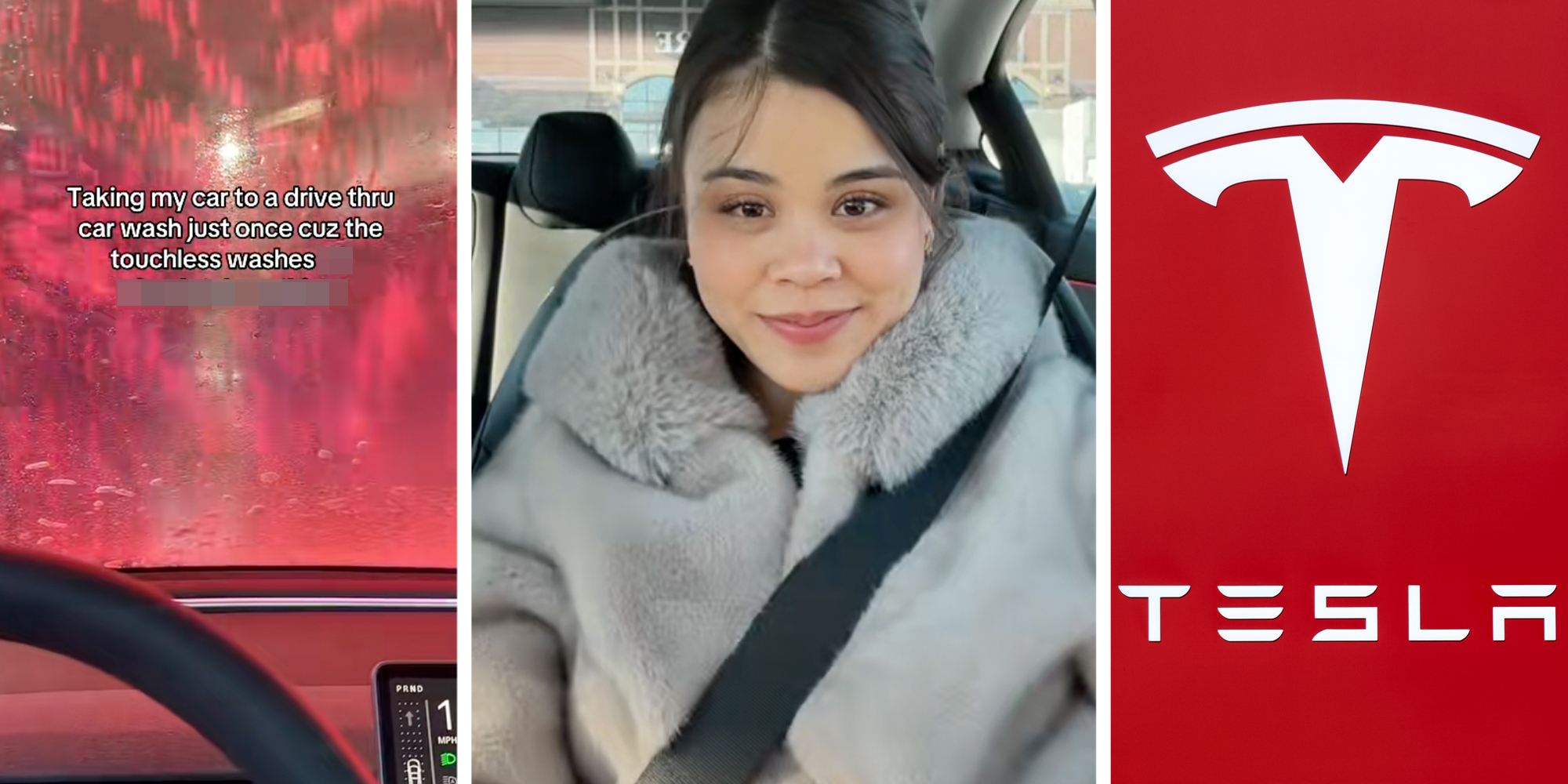 Inside car in car wash(l), Woman talking(c), Tesla logo(r)