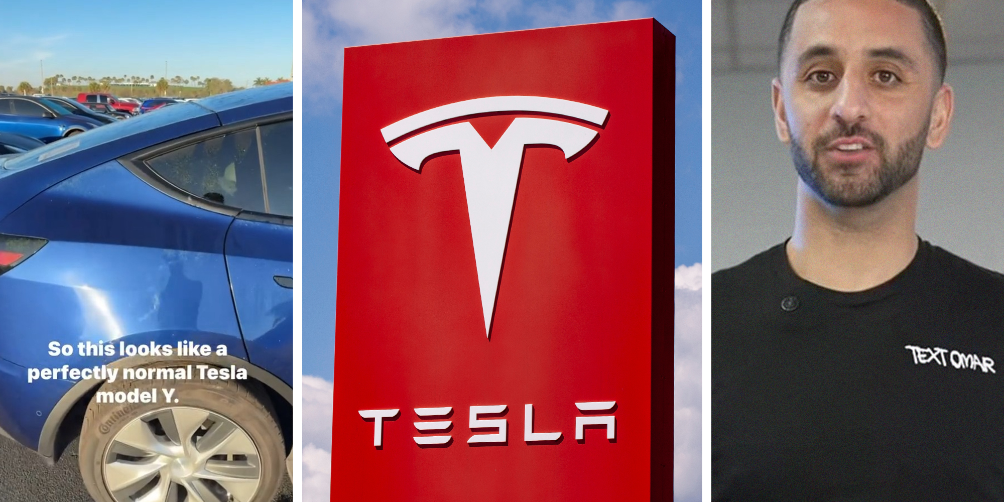 Size View of blue tesla(l) Tesla Dealer Sign(r) Man shares tesla quality(r)