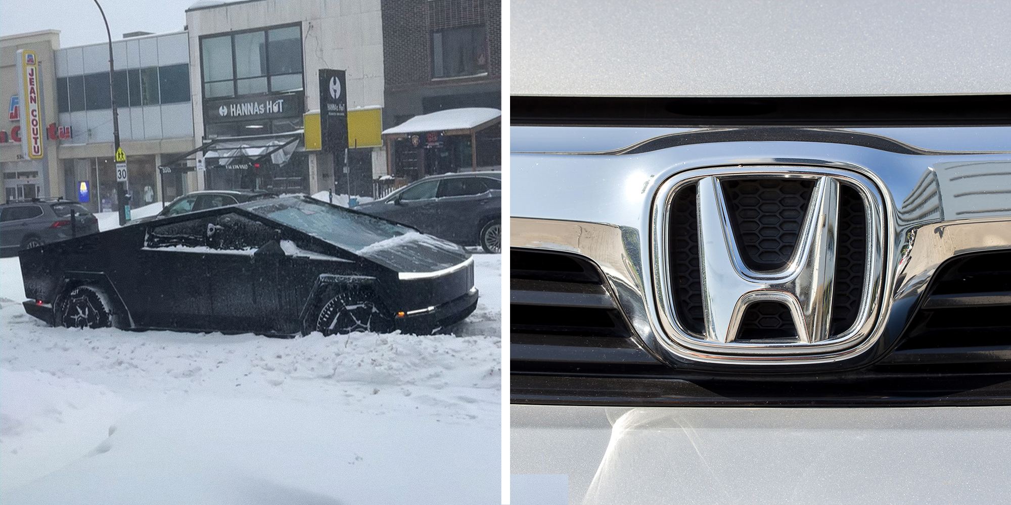 Tesla Cybertruck stuck in snow on left. Honda logo on car on right.