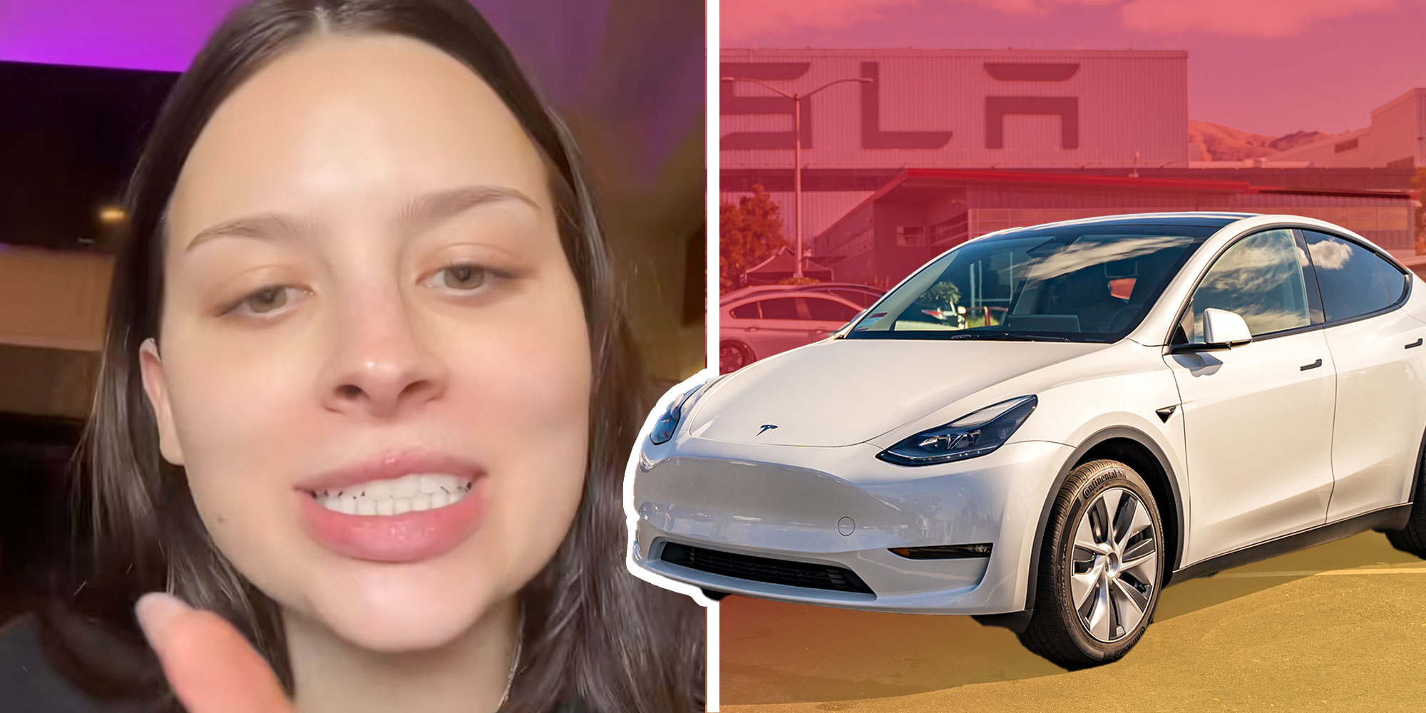 Screenshot of Tiktok user @notshaqlauren; photo of a Tesla in a Tesla dealership