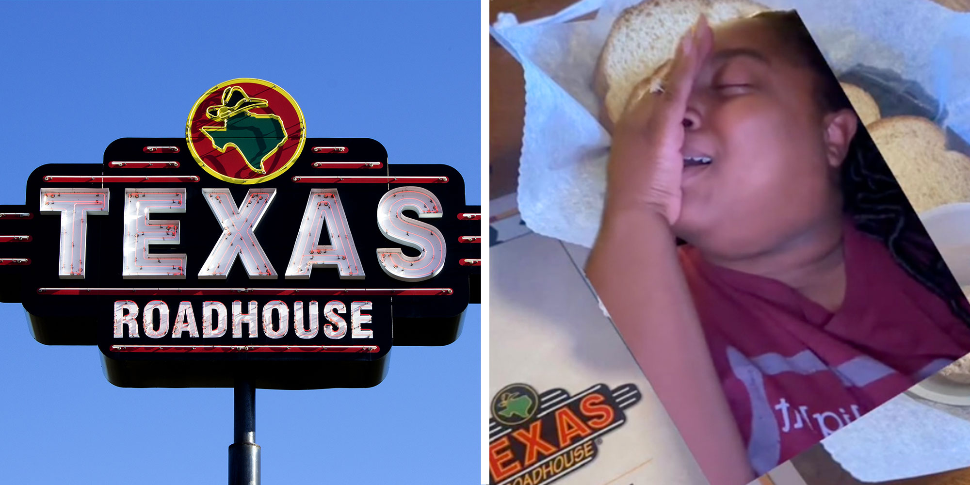 A photo of a Texas Roadhouse neon sign; a screenshot of Tiktok user @per_thelastepisode