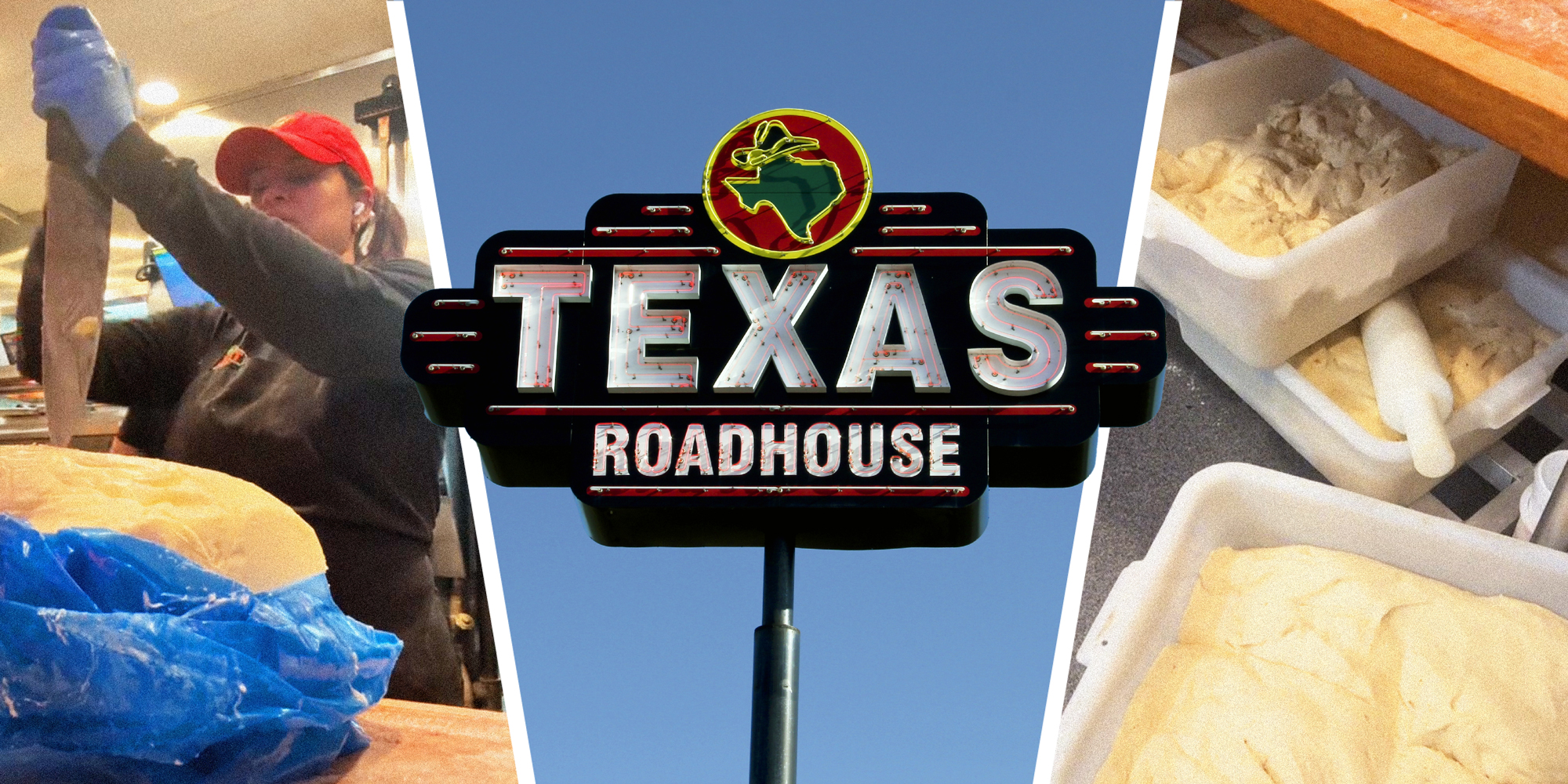 3 panel image: in the middle is the Texas Roadhouse sign, and on the sides we see the bread-making process.