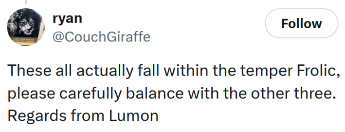 Tweet reading "These all actually fall within the temper Frolic, please carefully balance with the other three. Regards from Lumon."