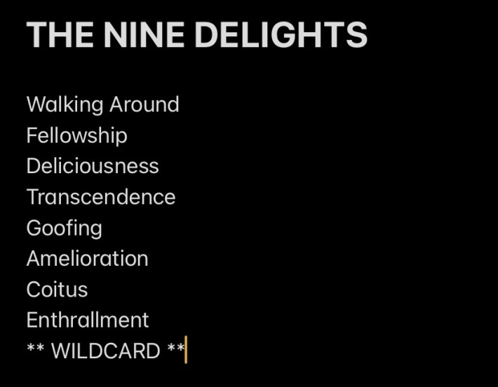 A text list titled "The Nine Delights."