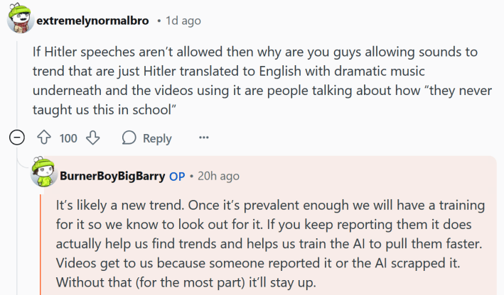 Reddit comment reading "It’s likely a new trend. Once it’s prevalent enough we will have a training for it so we know to look out for it. If you keep reporting them it does actually help us find trends and helps us train the AI to pull them faster. Videos get to us because someone reported it or the AI scrapped it. Without that (for the most part) it’ll stay up."
