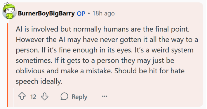 Reddit comment reading "AI is involved but normally humans are the final point. However the AI may have never gotten it all the way to a person. If it’s fine enough in its eyes. It’s a weird system sometimes. If it gets to a person they may just be oblivious and make a mistake. Should be hit for hate speech ideally."