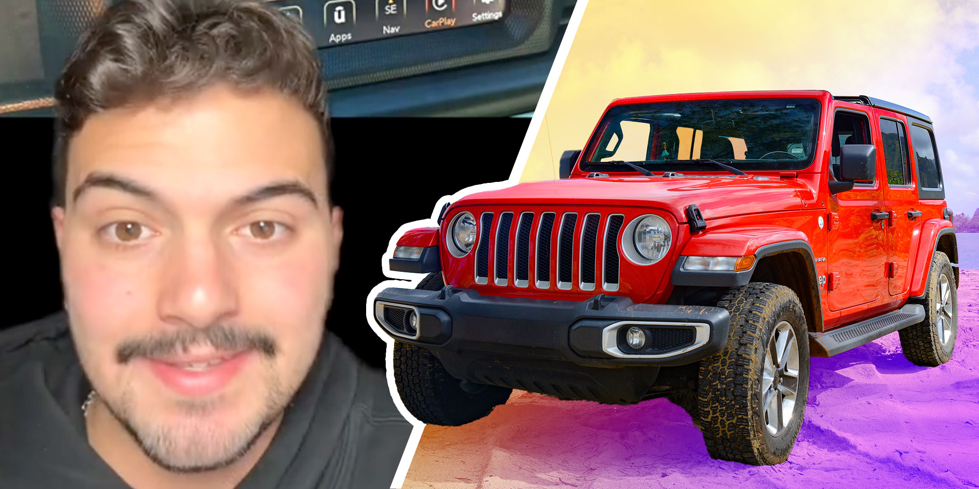 Screenshot of Tiktok user @thechristopherpearce; Photo of a Jeep Wrangler on a beach.
