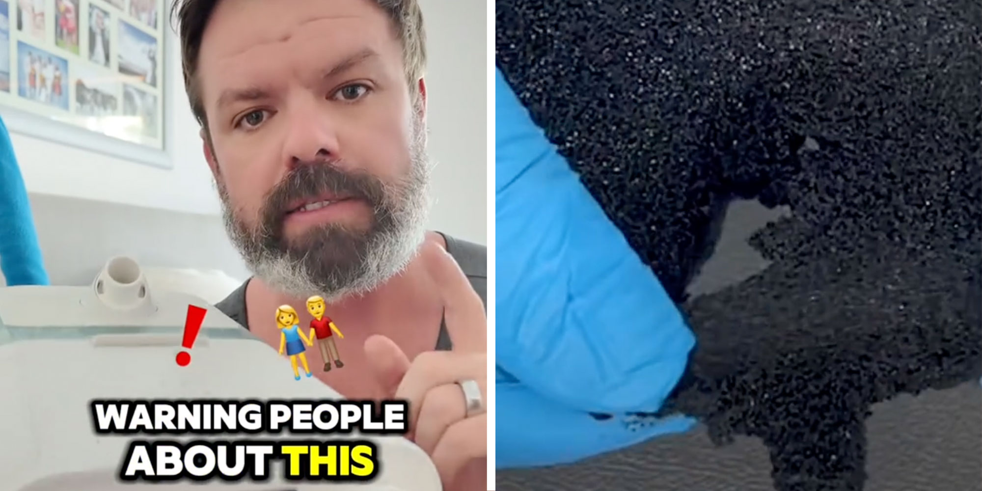 Screenshot of Tiktok user @cpapreviews with a CPAP machine and the caption "WARNING PEOPLE ABOUT THIS"; Screenshot from @cpapreviews's Tiktok of a hand ripping at some black foam.