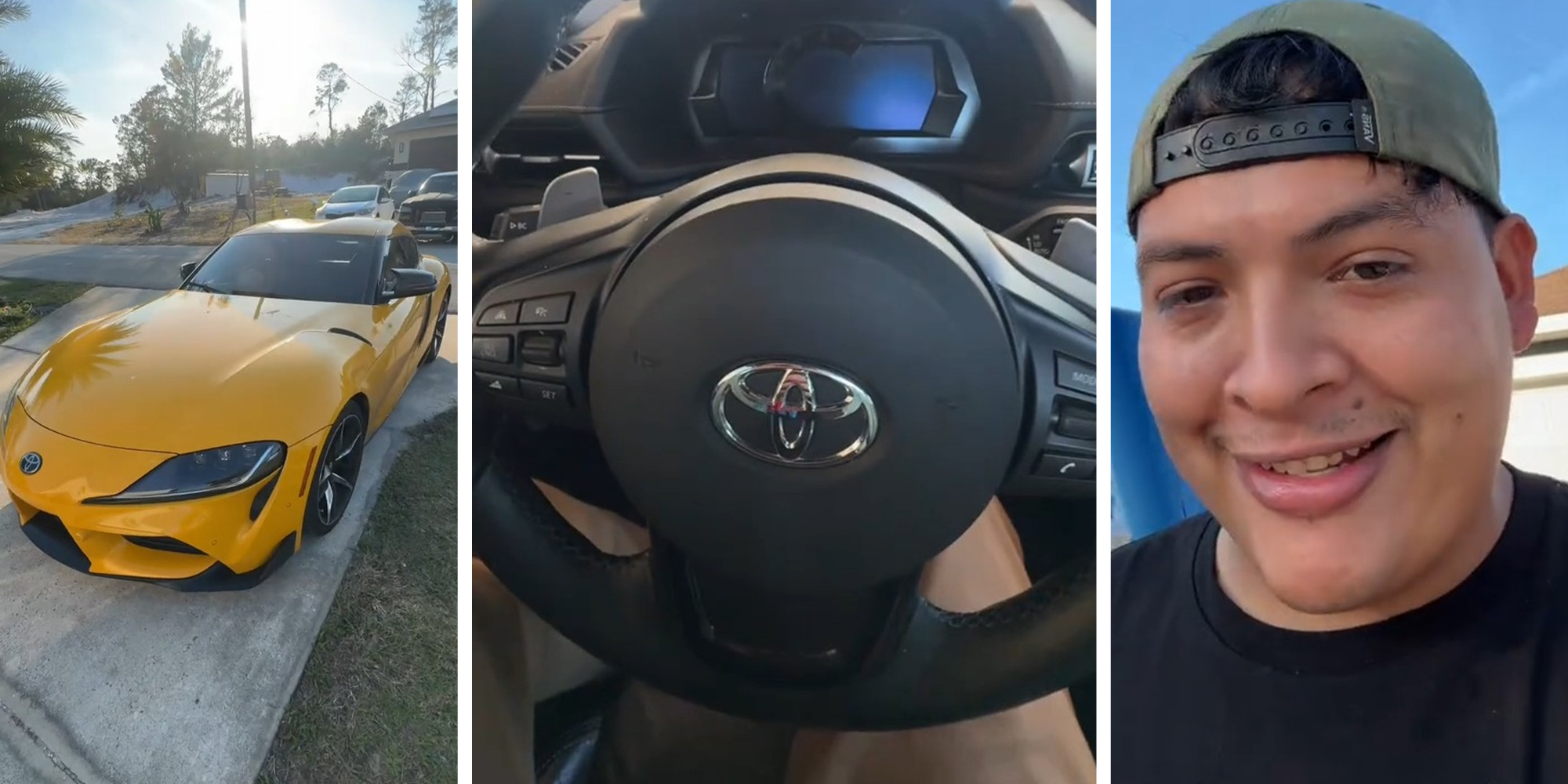Yellow Toyota Supra(l) Toyota Steering Wheel(c) man shares issues with his new toyota(r)