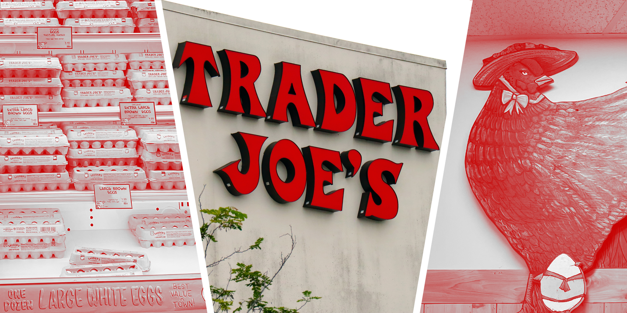 3 panel image: on the right is a display case of eggs, in the middle is the exterior of a Trader Joe's store, and on the right a store display shows a smug chicken.