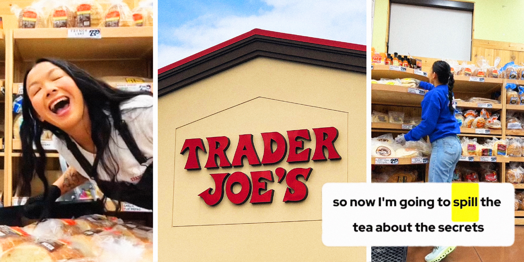 3 panel image: on the sides a person works at Trader Joe's store, and in the middle we see the exterior of a Trader Joe's sign.