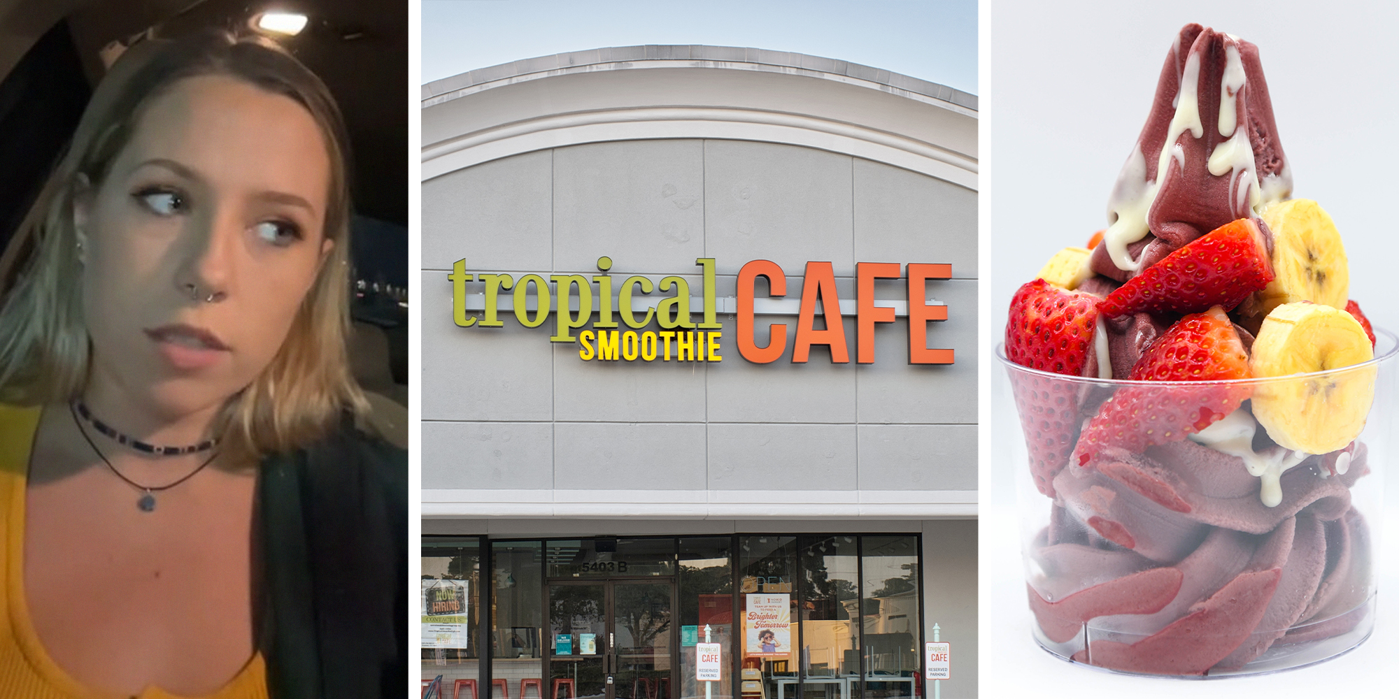 woman looking to the side(l) Tropical Smoothie Cafe(c) Acai Bowl(r)