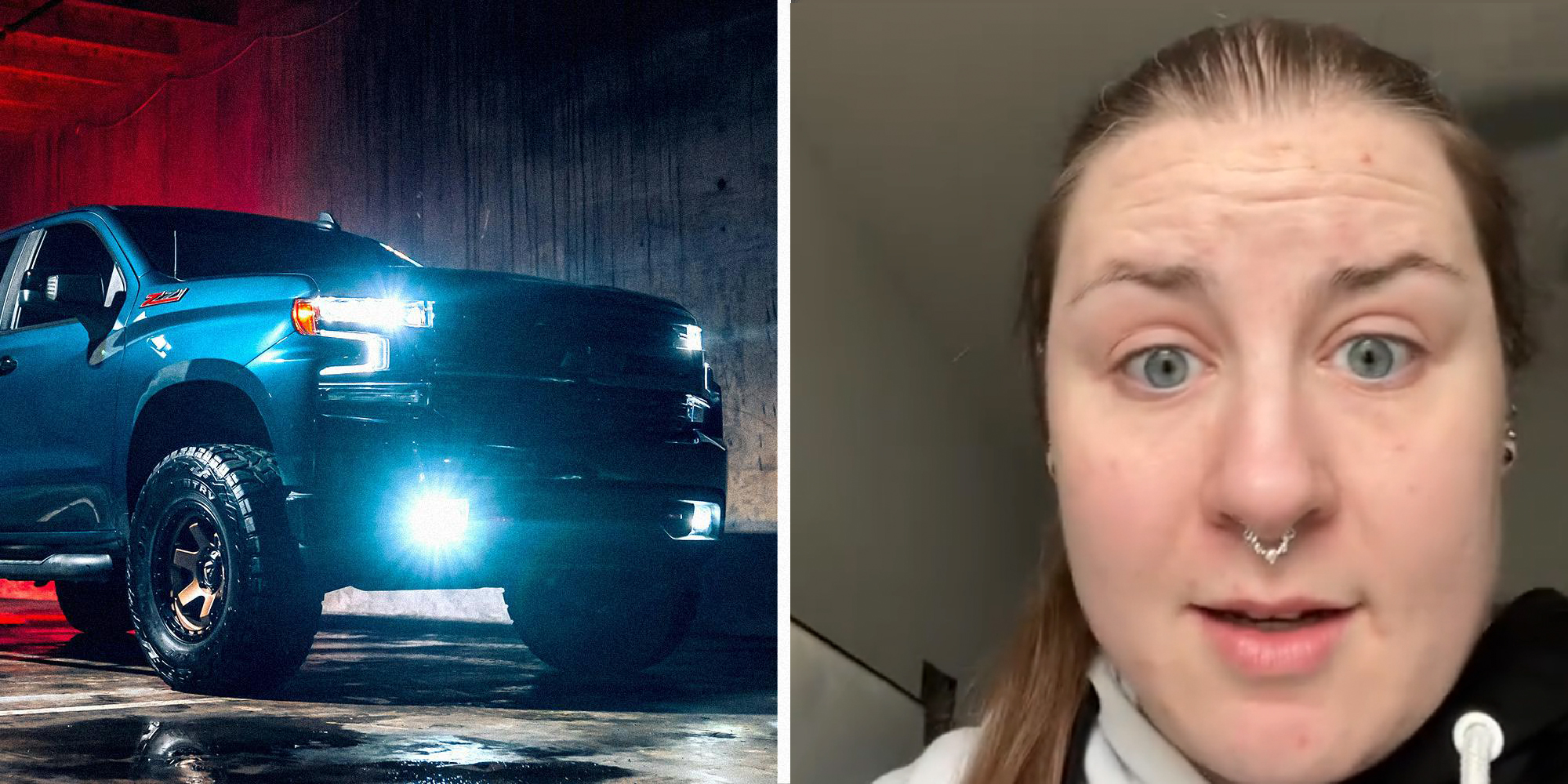 Two panel image. On the left, a lifted truck with bright headlights. On the right, a person explains.