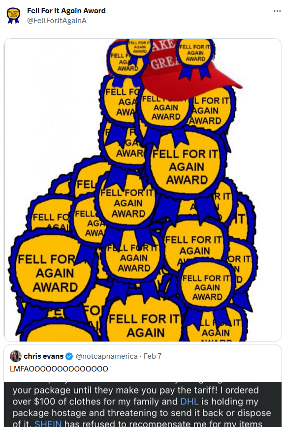 Quote tweet with a "fell for it again award" meme.