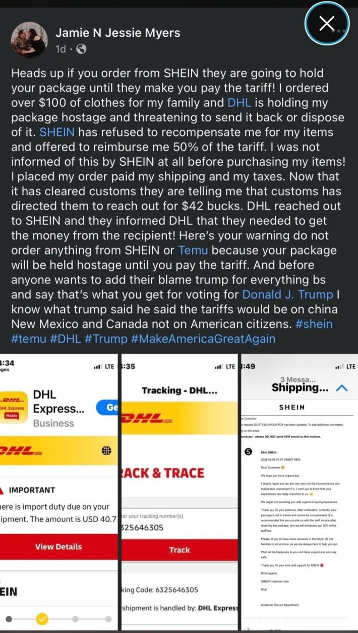 Screenshot of a Facebook post about Shein making a customer pay tariffs on their order.