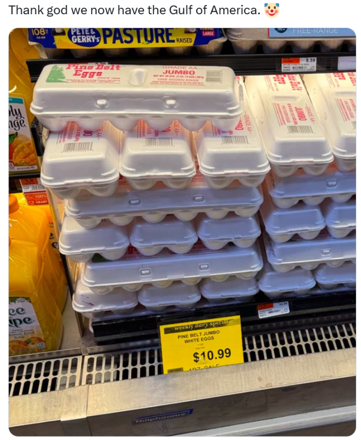 Trump take egg meme showing an overpriced $10.99/dozen for eggs.