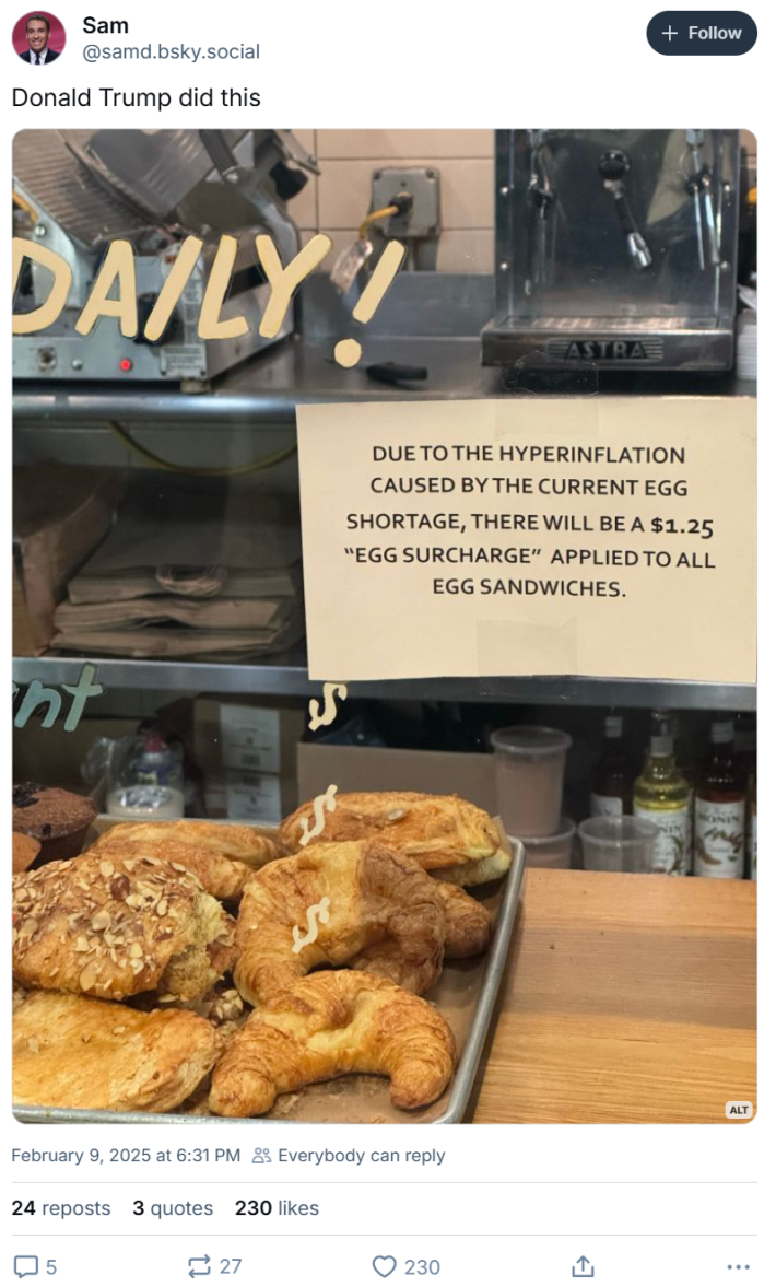 Trump take egg meme post at a restaurant showing an increased "egg surcharge" for egg sandwiches.