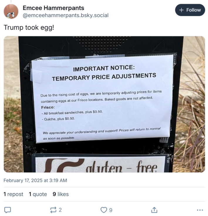 Trump take egg meme showing a notice about the increase in egg prices.