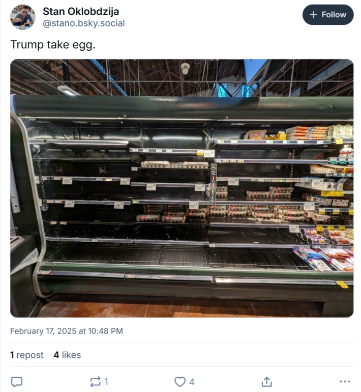 Trump take egg meme showing an empty egg case at a grocery store.
