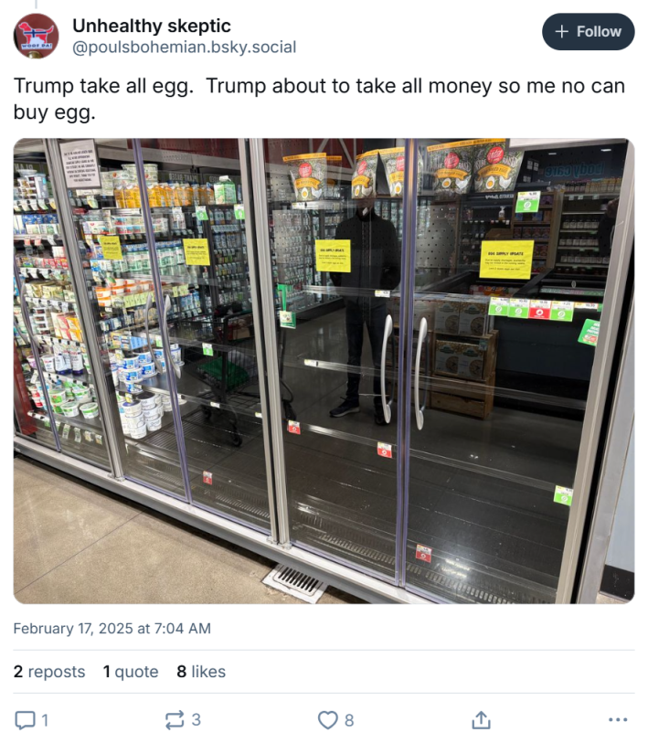 Trump take egg meme showing an empty egg case at a grocery store. Text reads, "Trump take all egg. Trump about to take all money so me no can buy egg."