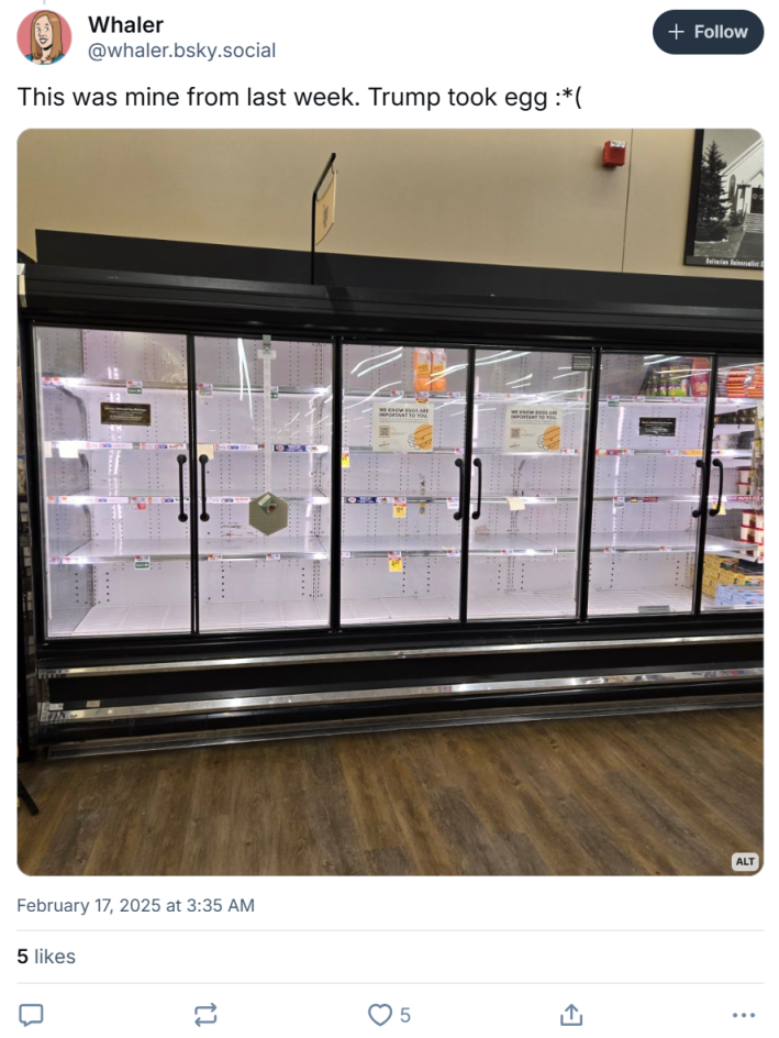 Trump take egg meme showing an empty egg case at a grocery store.